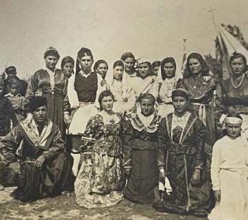 Souvenir photo from a national celebration in Nea Palatia Oropou, 1945. Nea Palatia Cultural Society Archives.