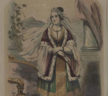 Colourised drawing of Queen Amalia. Inscriptions: LES ROIS CONTEMPORAINS, LE PRINCE DE JOINVILLE (THE CONTEMPORARY KINGS, THE PRINCE OF JOINVILLE), Paris, France, circa 1840. ©Peloponnesian Folklore Foundation, Nafplion, No 2006.16.0036. Donation: Ioanna Papantoniou