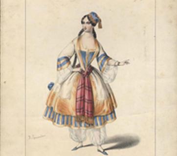 Colourised drawing of Greek woman in costume for the ballet by the French composer A. Adam “La Fille de marbre” (“The marble Girl”) Signed by hand: “A. Lacauchie”.  Printed: “Imp. Decan et Lebref”, “Gallerie Dramatique, Academie Royale de Musique, Paris, Maison Martinet, Hautecoeur Freres, Rue du Coq, 15”. Paris, 28/7/1851 ©Peloponnesian Folklore Foundation, Nafplion, No 2006.16.0100, Donation: Ioanna Papantoniou