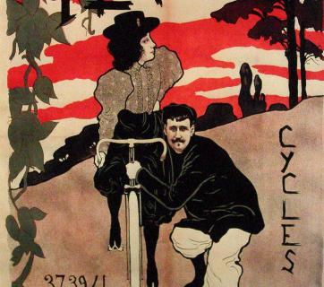 Poster of woman in “bloomers” on a bicycle. Printed: “PLASSON CYCLES, MANUEL- ROBBE, RUΕ DES CLOYS, PARIS”. Paris ©Peloponnesian Folklore Foundation, Nafplion, No 2008.16.0033, Donation: Ioanna Papantoniou